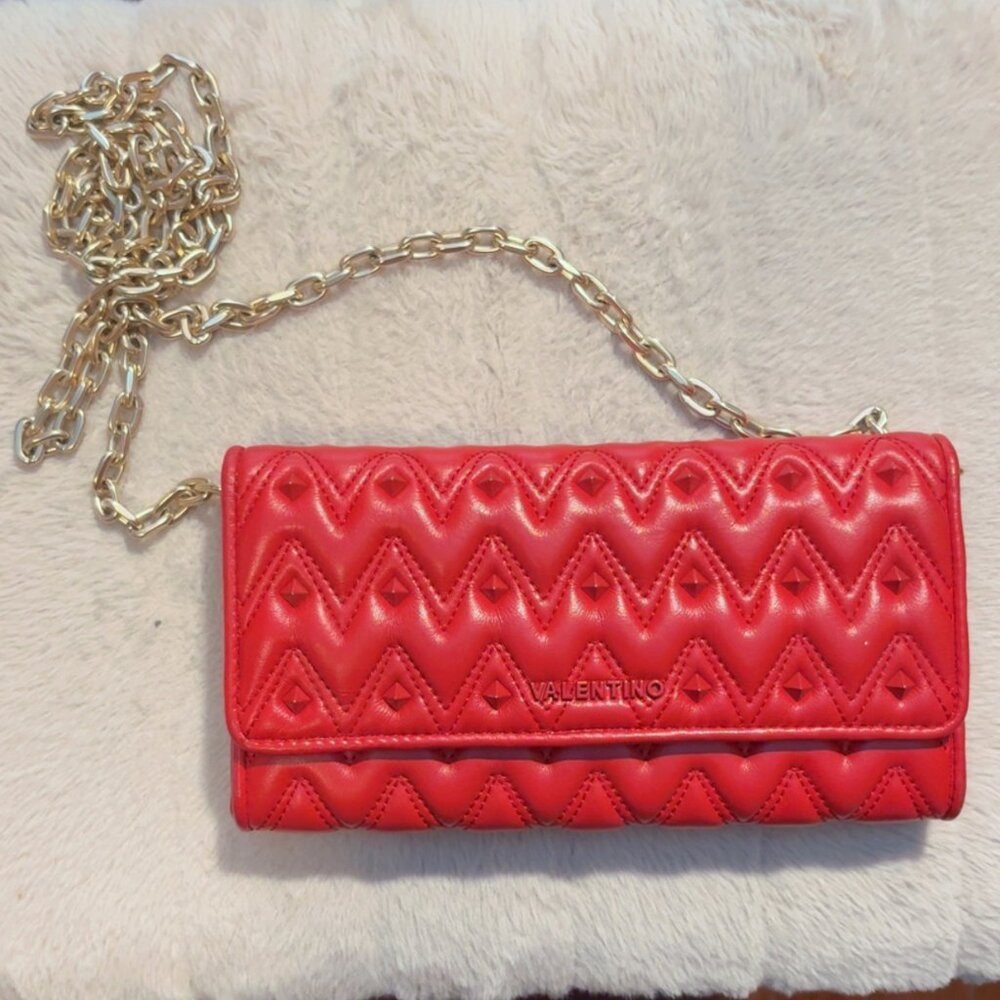Valentino Quilted Chain Wallet in Red